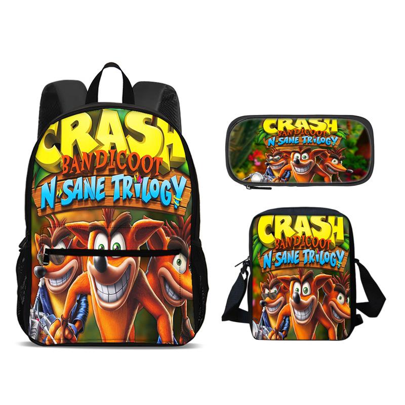 Рюкзак Crash Bandicoot, пенал, сумка через плечо, набор из 3 предметов, мультяшный принт, лучший школьный спутник для путешествий и активного отдыха для школьников