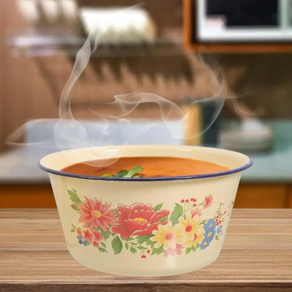 Эмалированные миски с крышкой, желтый суп, салат, сервировочный горшок, контейнер для фруктов, хлопьев, эмалированная посуда, таз с салом