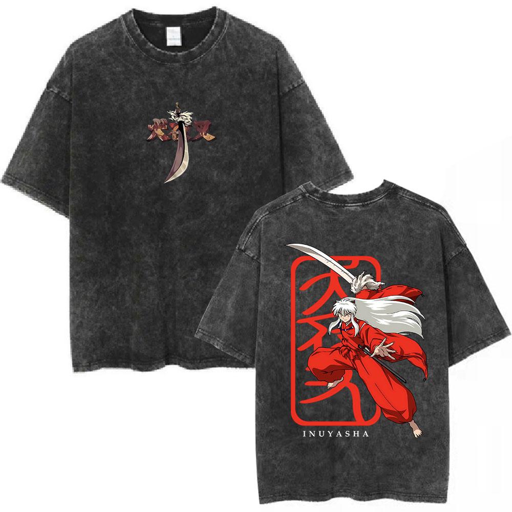 Washed Vintage Anime Inuyasha Sesshomaru Manga Graphics T Shirt Fashion Men Women Short Sleeve Cotton Loose Tshirt Streetwear