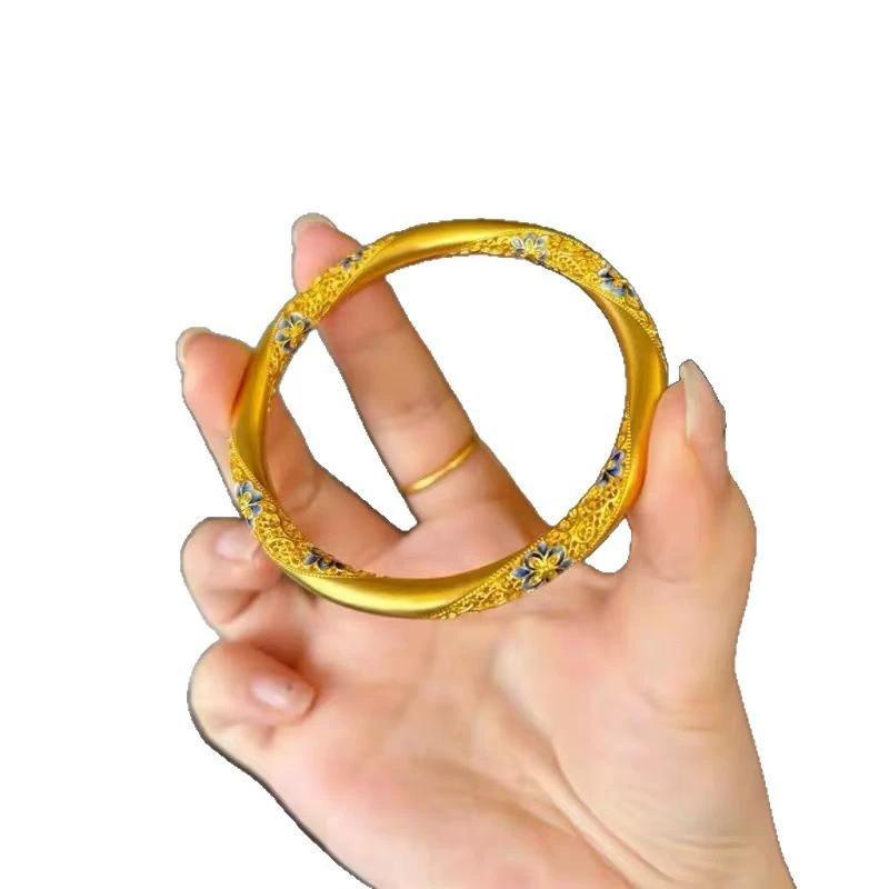 New Chinese style blue and white enamel color gold-painted bracelet women's new yellow-gold ancient flower silk bracelet solid bracelet