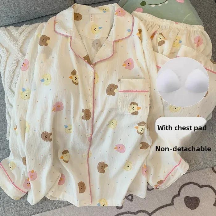 Женский пижамный комплект из хлопка в горошек: Кардиган с длинными рукавами и нагрудными накладками на весну и осень