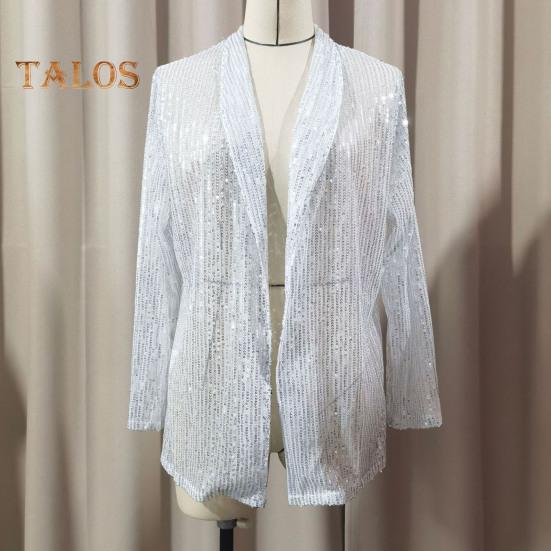 Женский кардиган с пайетками, пальто, блестящий открытый спереди, облегающий однотонный пиджак с длинным рукавом, уличная одежда для вечеринок, клубов, баров, выступлений на сцене