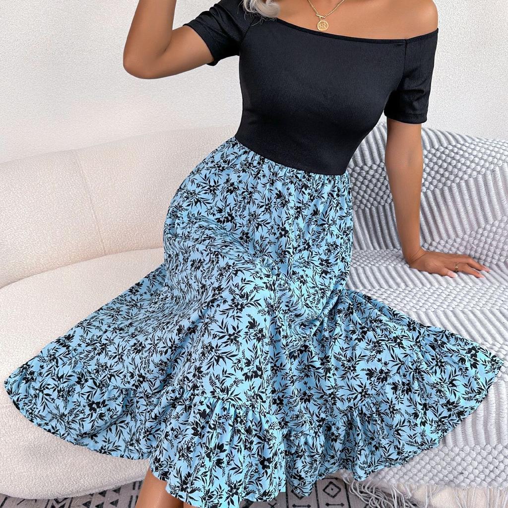 GMXIA Женская мода, лето, весна, цветы с открытыми плечами и оборками, повседневные платья с коротким рукавом и высокой талией на одно плечо