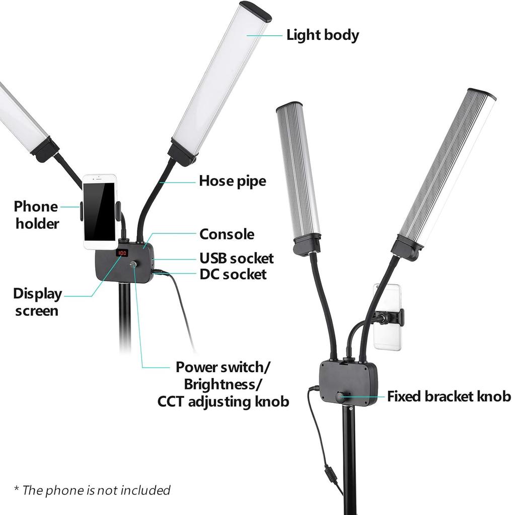 Flexible Double Arms LED Fill Light Bi-Color Dimmable Beauty LED Video Lights  3 Light Modes with Phone Holder for Live Stream