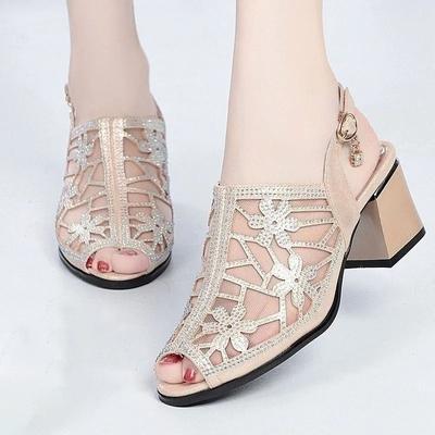 Высота каблука 5–8 см. Босоножки для женщин на высоких каблуках, с сетчатой ​​подкладкой, на нескользящем толстом каблуке и босоножках с выпуклым «рыбим ртом».