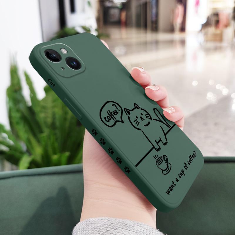 Чехол для телефона Line Coffee Cat для iPhone 16 15 14 13 12 11 X XR XS Plus Pro Max Mini Силиконовый чехол