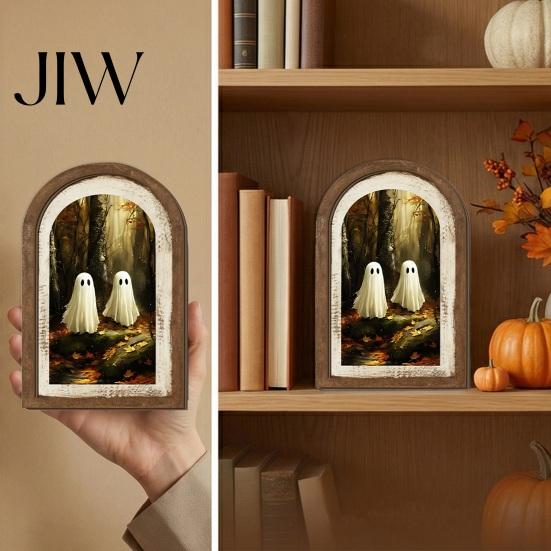 Solid Wood Halloween Decoration Ghost Arched Wall Decor, Cute Table Sign, Rustic Farmhouse Small Decorative Ornament Shelf Art for Mantel Living