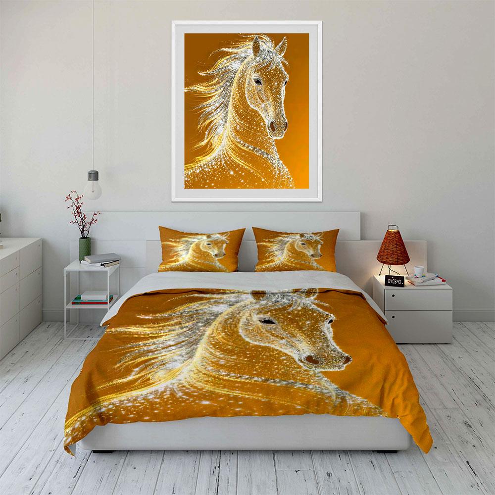 Glittering Golden Horse Design Bedding Duvet Cover Set Duvet Cover Pillowcases (1 * Duvet Cover 2 * Pillowcases, without duvet insert)