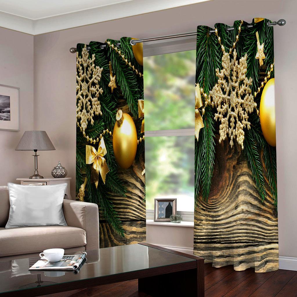 2PCS Merry Christmas Red New Year Gold Ball White Snowflake Light Filtering Curtains for Living Room Bedroom Window Drape Decor