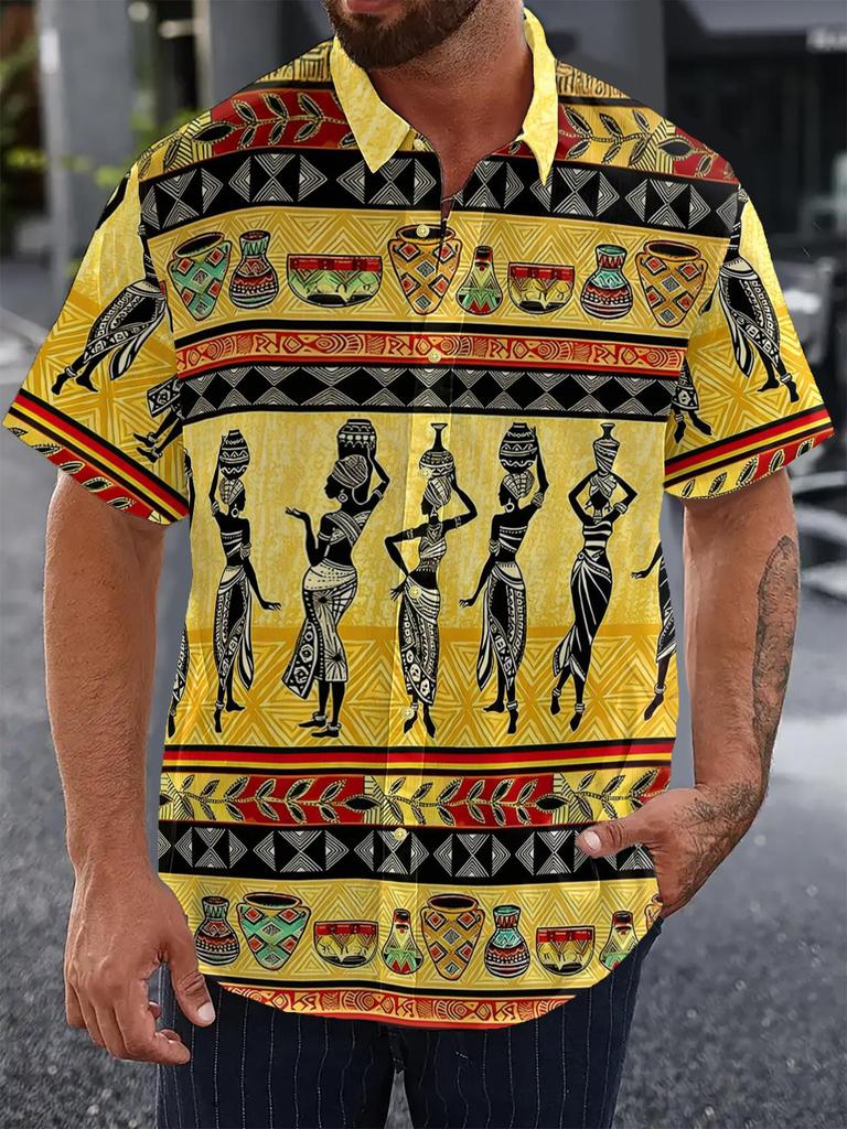TEMU Men's Short Sleeve Cardigan Lapel Shirt African Ethnic Style 1D Digital Printing Casual Shirt