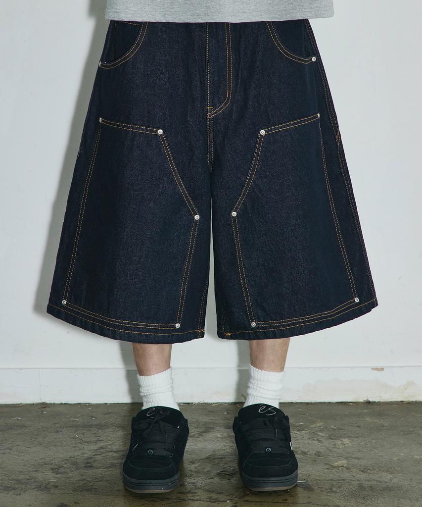 SCALLYWAG Double Knee Carpenter Raw Bermuda Denim Shorts [Indigo]