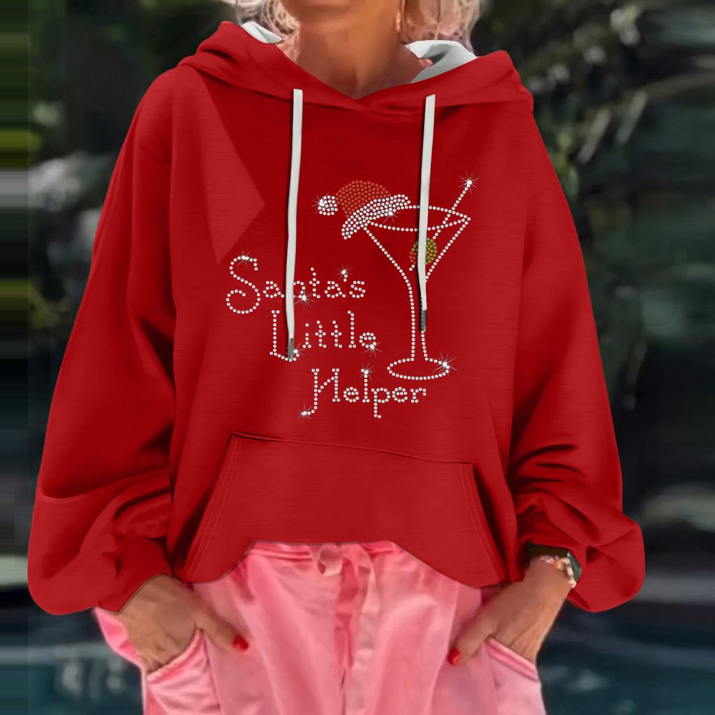 Женский рождественский принт, свободный повседневный худи с длинным рукавом и капюшоном