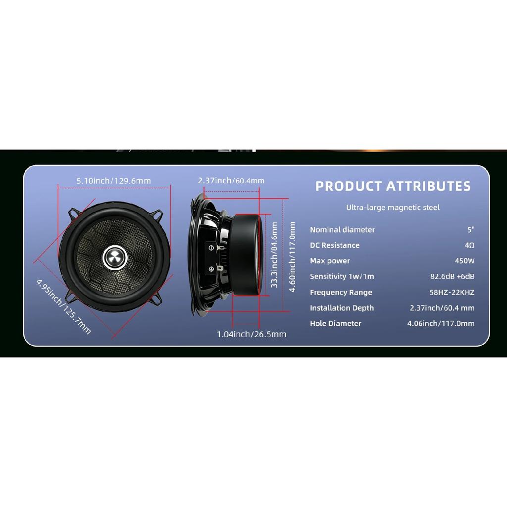2pcs 5.25 Inch Car Subwoofer 450W Bullet Shaped Hifi Mid Woofer Speaker 4Ohm Multimedia Carbon Fiber Audio Speaker Car Component