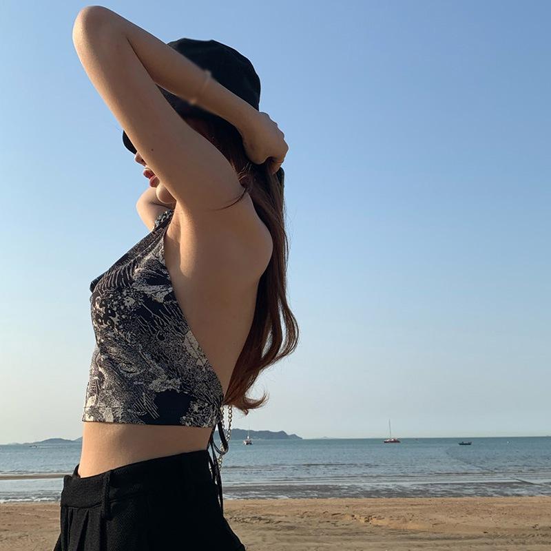 Women Retro Print Halte Bandage Slim Exposure Navel Camisole Tank Tops