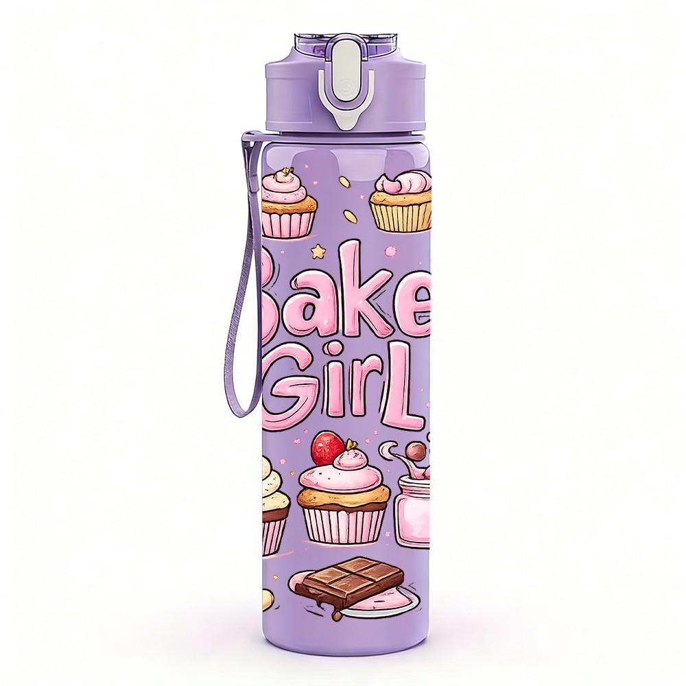 1PC Baker Girl Cupcake Print 750ml Color Plastic Sports Water Bottle Leakproof Flip Straw Lid Suitable for Sports Office Home Use