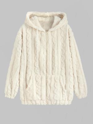 Женская толстовка с капюшоном из искусственного меха с карманом на молнии и геометрическим узором