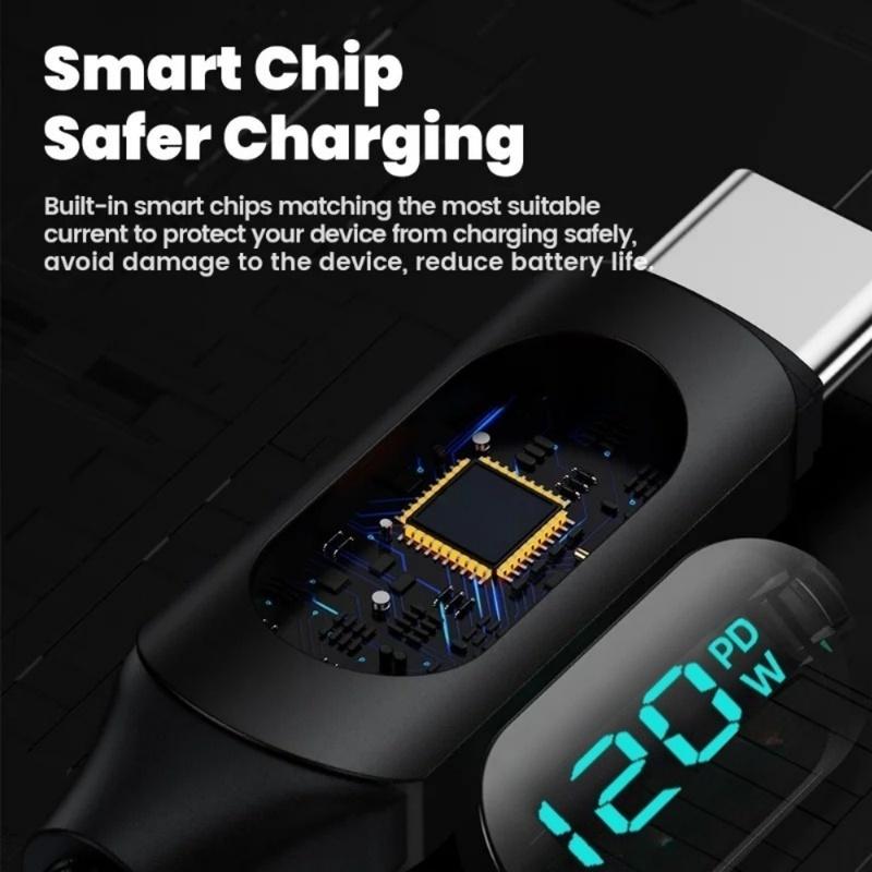 120 Вт USB A на Type C Светодиодный Цифровой Дисплей Быстрая Зарядка Кабель для Данных Нейлоновая Оплетка USB Шнур для Зарядки Type C на Type C PD 6A USB Кабель