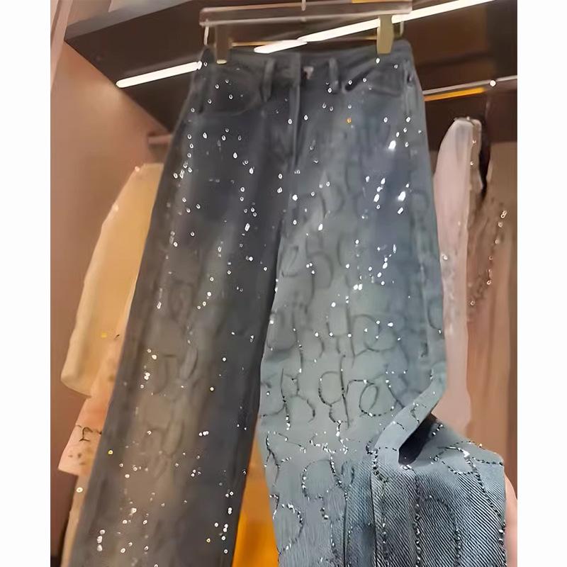 Женские джинсы Stamping Diamond, весна-осень, модные блестящие широкие брюки с заклепками, женские прямые свободные джинсовые брюки