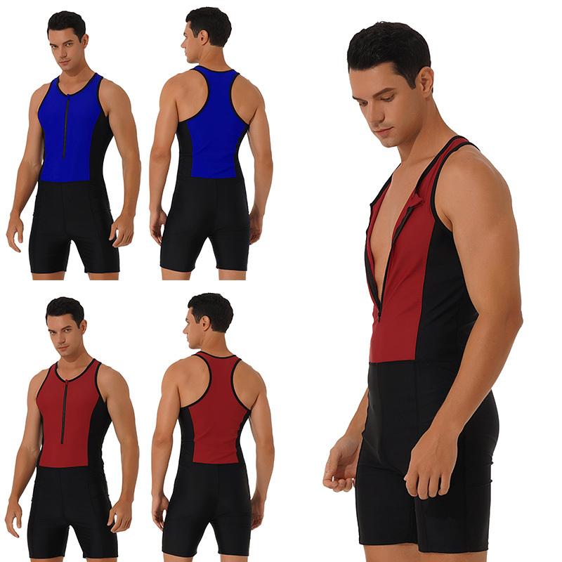 Мужской цельный купальник, спортивный комбинезон, комбинезон на молнии спереди, короткий гидрокостюм