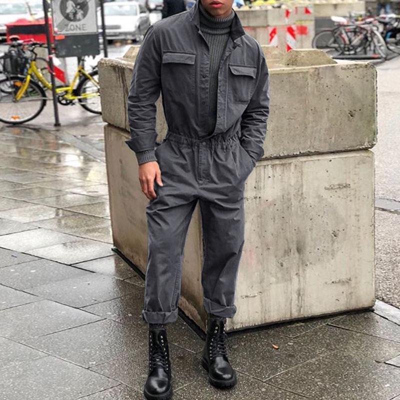 Autumn Winter Men's Fashion Overalls Long Sleeve Casual Fitness Jumpsuit Collar Jumpsuit