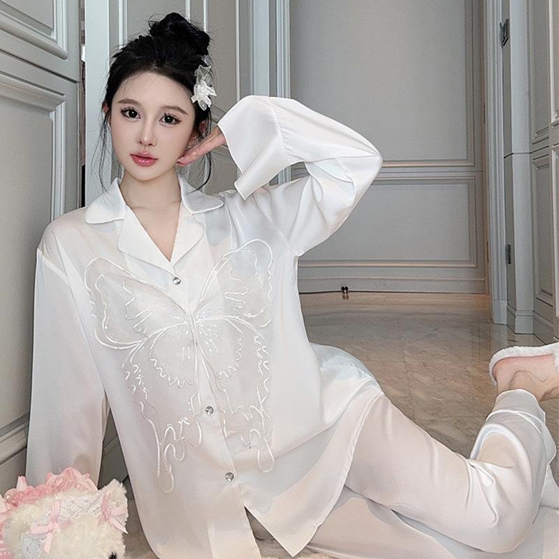 1011 Sweet and pure butterfly pajamas set, female sexy ice silk can be worn outside, long sleeves and trousers, high-end loungewear