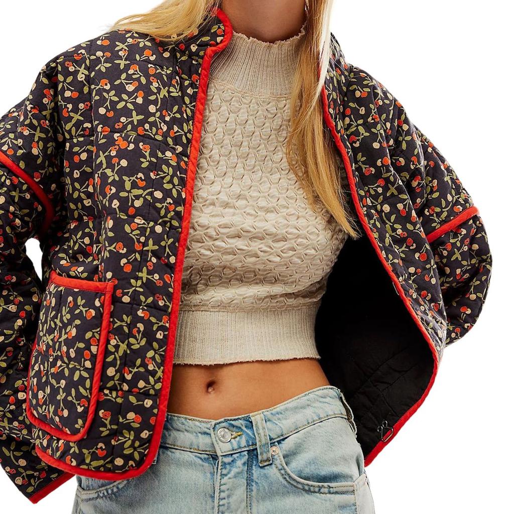 Женская стеганая куртка с цветочным принтом, куртка на пуговицах с длинными рукавами, легкая винтажная куртка с вышивкой, верхняя одежда