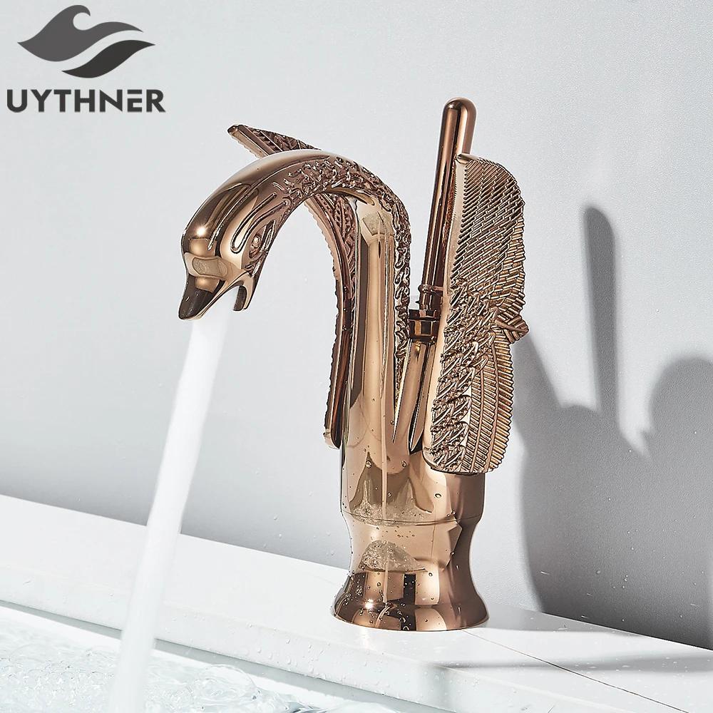 Uythner Luxury Swan Bath Basin Brass Faucet Cold and Hot Water Mixer Taps Black /Gold/Antique Bathroom Washbasin Crane