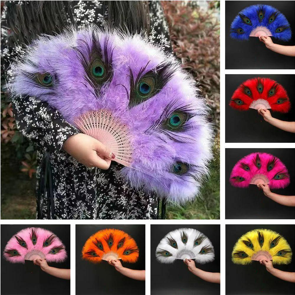 Handheld Peacock Feather Fan With Tassel Feather Dance Fan Elegant Folding Hand Fan Home