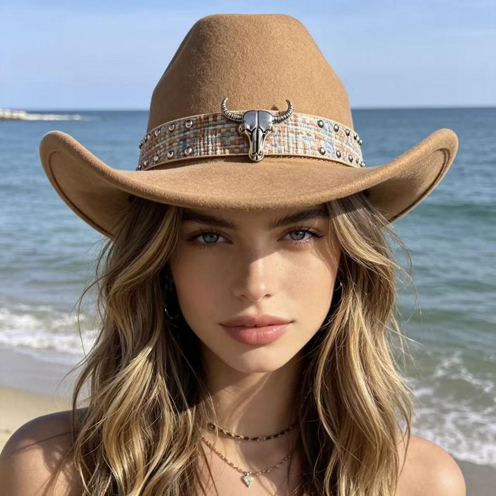 European, American woolen western cowboy hat with rolled brim and warped edge sunscreen top hat cow head belt minority Tibetan jazz hat