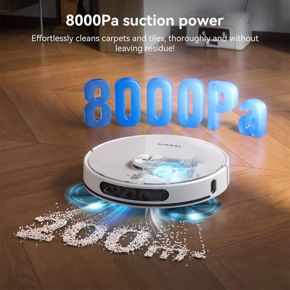 Tesvor S8 Max Robot Vacuum Cleaner, 3-in-1 Vacuum/Sweep/Mop, 8000Pa Super Suction, Up to 180min Runtime, Self-emptying