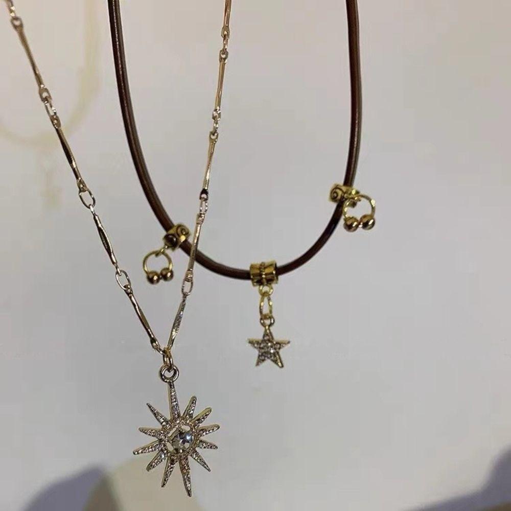 Регулируемое двойное ожерелье «Солнечная звезда» из кожи, цепочка на ключицу, ожерелье с подвеской «Солнце» для женщин