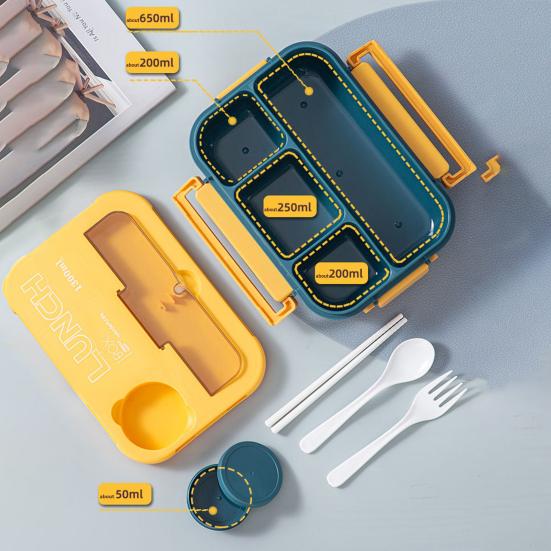 Ланч-бокс на 1300 мл с вилкой, ложкой, 4 отделениями, коробка для бенто, герметичный многоразовый контейнер для хранения продуктов питания, не содержащий бисфенола-А, для детей, студентов, офиса