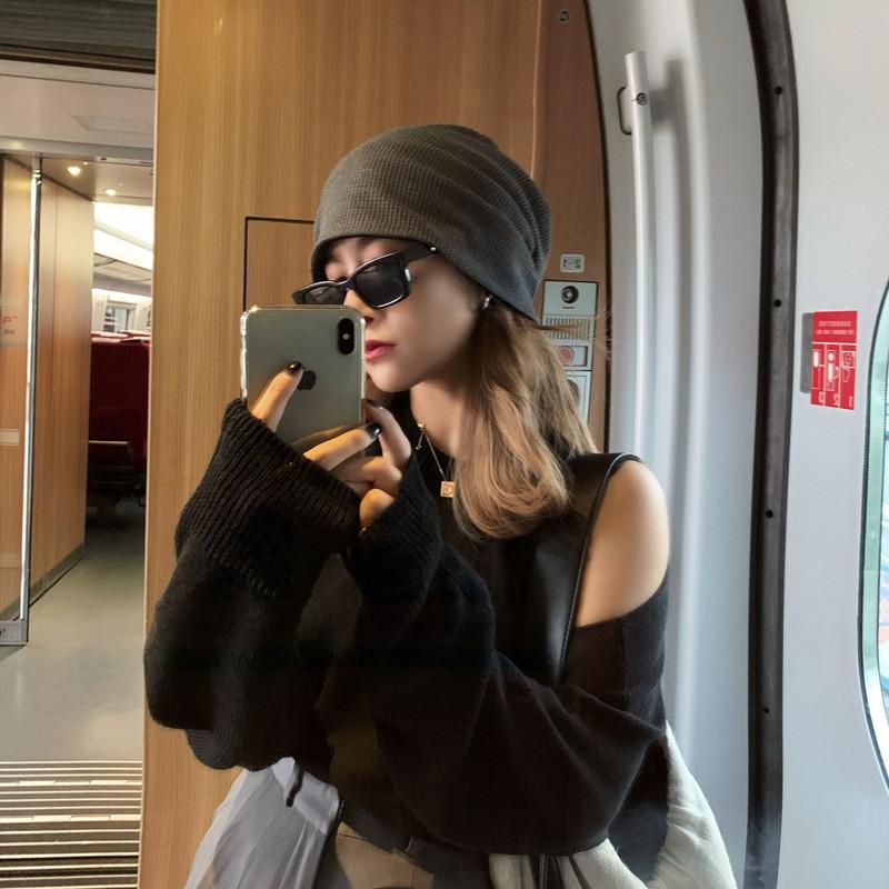 Hat Women's Spring and Autumn Versatile Black Thin Headband Hat Tide Knitted Stacking Hat Headscarf Hat Men