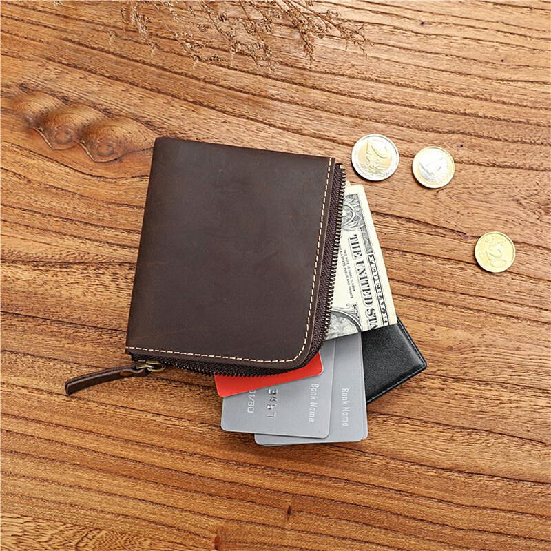 Crazy Horse Leather Handmade Wallet Retro Small Coin Money Bags Simple Wallets Zipper Pouch Card Holdes
