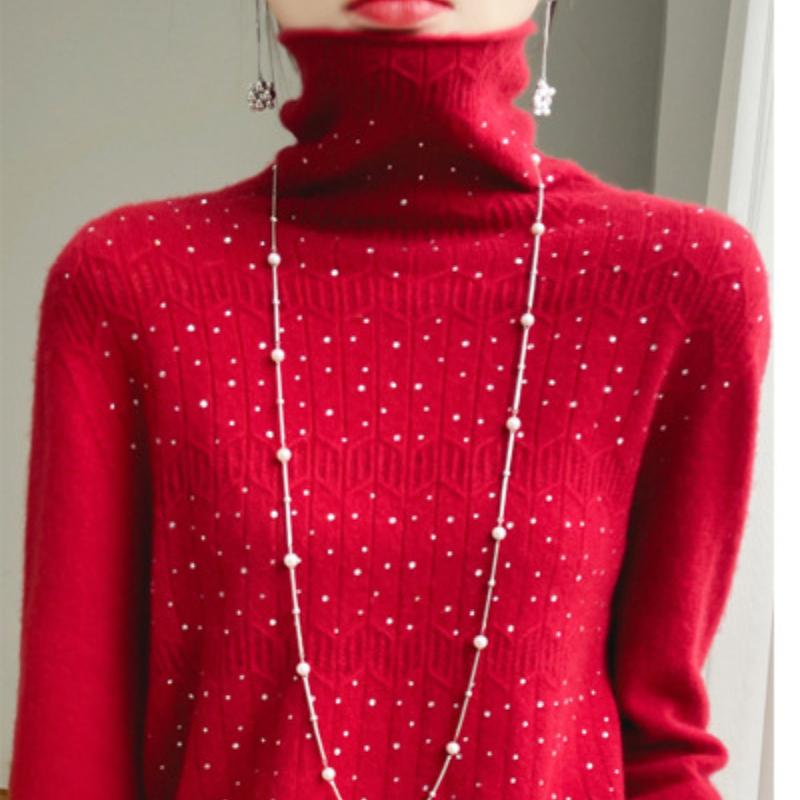 Осень и Зима Первая линия Готовая одежда Вязаные свитера с высоким воротником Шерстяная базовая рубашка для женщин Жаккардовый трикотаж с высоким воротником