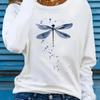 Dragonfly Print Crew Neck T-shirt, Casual Long Sleeve Top For Spring & Fall, Women's Clothing