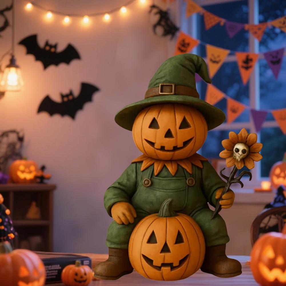 Pumpkin Man Figurine Scary Halloween Pumpkin Head Scarecrow Statue with Skull Sunflower Mini Desktop Ornament for Indoor