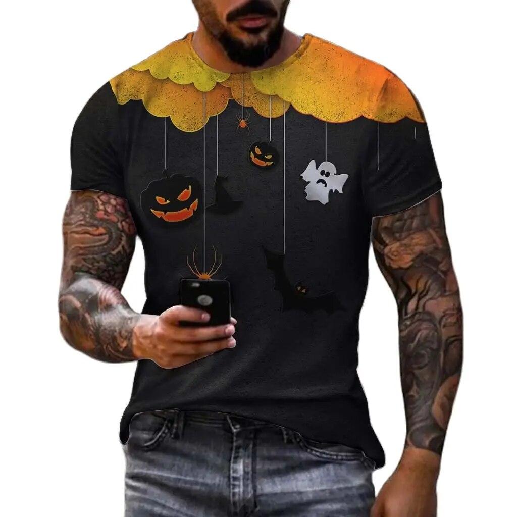 Европа и Америка, модные оригинальные футболки с рисунком тыквы на тему Хэллоуина для унисекс с круглым вырезом и принтом, праздничные мужские футболки