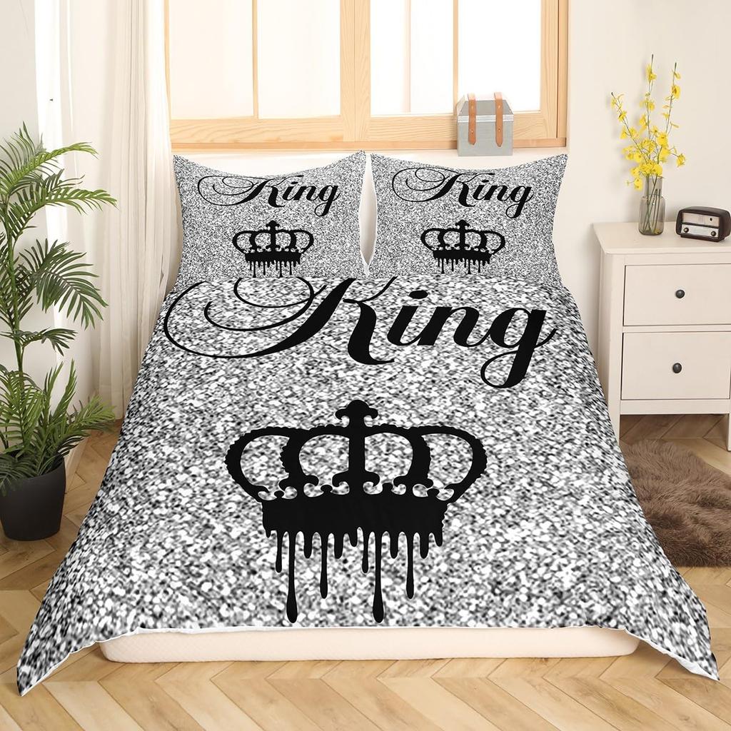 Modern King Crown Duvet Cover Twin Black Pink Bedding Set Women Adults Couple Comforter Cover Girls Valentines Day Quilt Cover