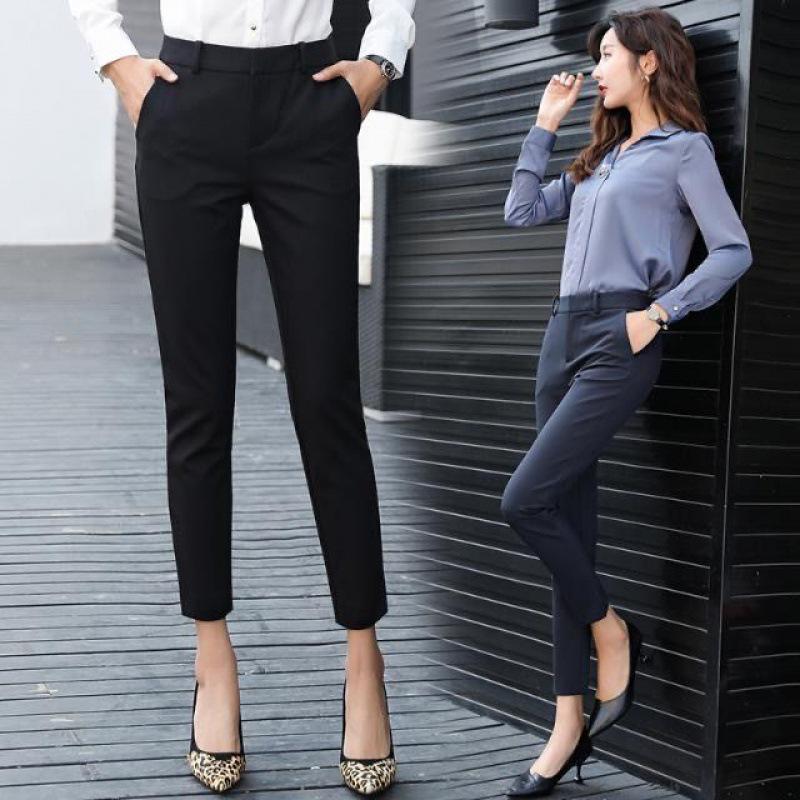 High Waist Women's Straight-Leg Suit Pants - Casual Korean Style, Black, Thin Fabric for Spring, Autumn, Summer