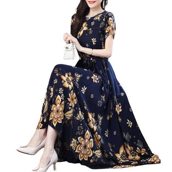 Женское платье-миди с круглым вырезом и короткими рукавами, высокой талией и поясом с цветочным принтом, женское платье трапециевидной формы среднего возраста, уличная одежда