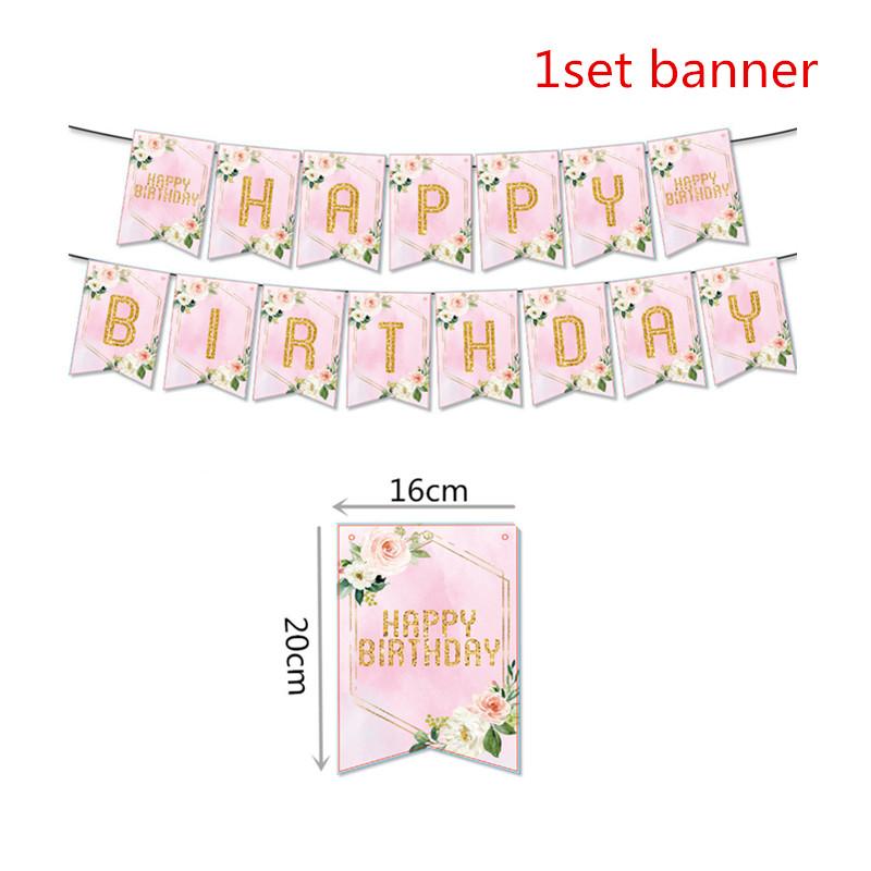 One First Happy Birthday Party Decorations Pink Flower Crown Disposable Tableware Baby Shower 1 Year Old Birthday Party Supplies
