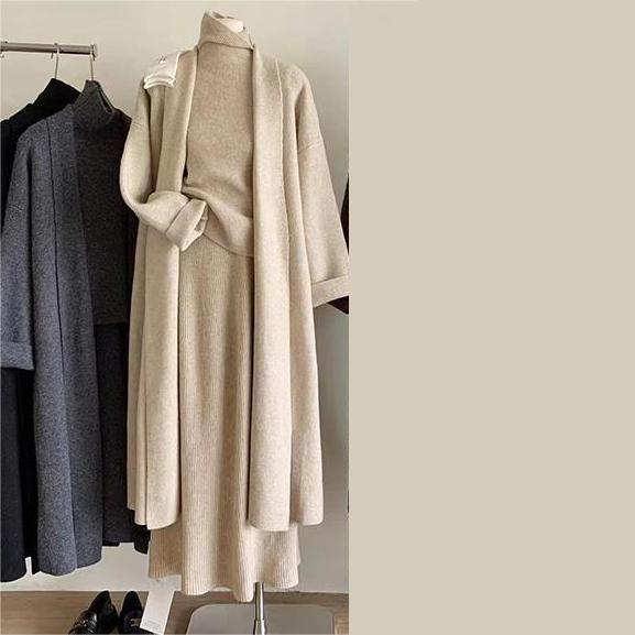 Женский комплект из трех предметов: длинный свитер, жилет, джемпер, вязаный крючком кардиган, весна-осень-зима, юбка с высокой талией Y2k