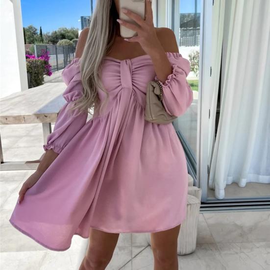Women Mini Dress Off Shoulder Loose Hem High Waist Bubble Sleeves A-line Solid Color Soft Pleated Lady Beach Prom Dress