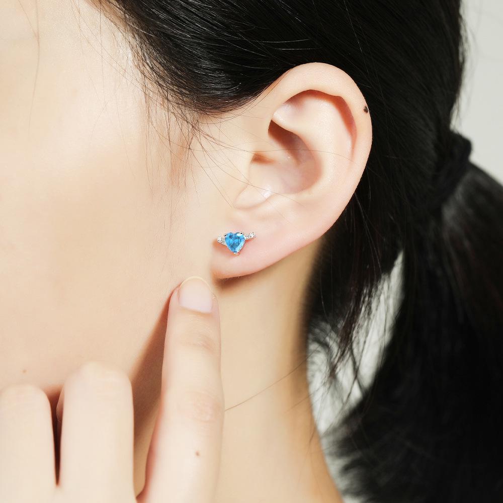 Ювелирный набор из стерлингового серебра 925 пробы с сапфирами и аквамаринами: Кольцо, Колье и Серьги-гвоздики в форме Сердца для Женщин