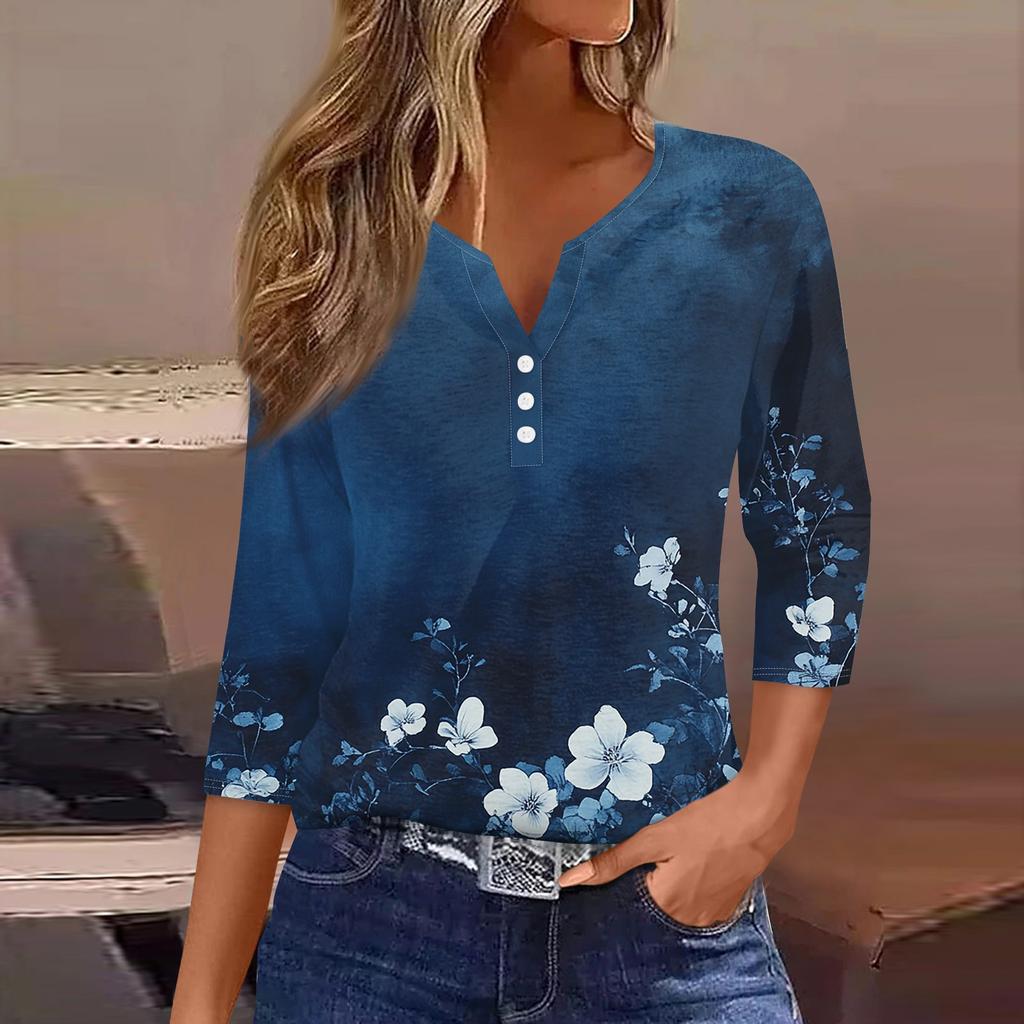 Women's Fashion Casual Floral Print V-Neck Decorative Button Three-quarter Sleeve T-Shirt Top