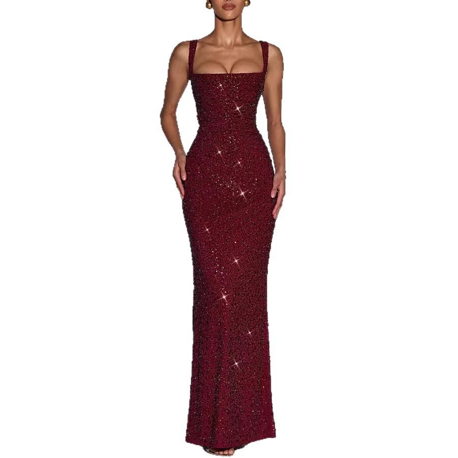 Женское квадратный вырез пайетки макси платье без рукавов bodycon блестящее сверкающее вечернее платье для вечеринки