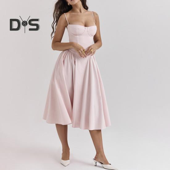 Женское платье с глубоким вырезом на тонких бретельках и открытой спиной без рукавов А-силуэта, большие качели, чистый цвет, тонкая талия, плиссированное платье миди для коктейльной вечеринки, выпускного вечера