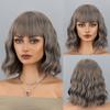 Loose Wave Bob Wig Wavy Grey Bob Wig with Air Bang Curly Hair Wigs Synthetic Cosplay Party Wigs for Women (Deep Grey)