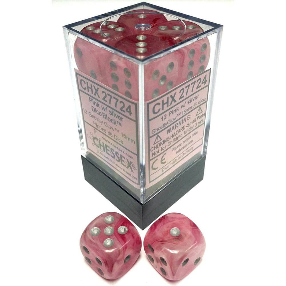 D6 Dice Ghostly Glow 16mm (12 Dice) (Pink/Silver)
